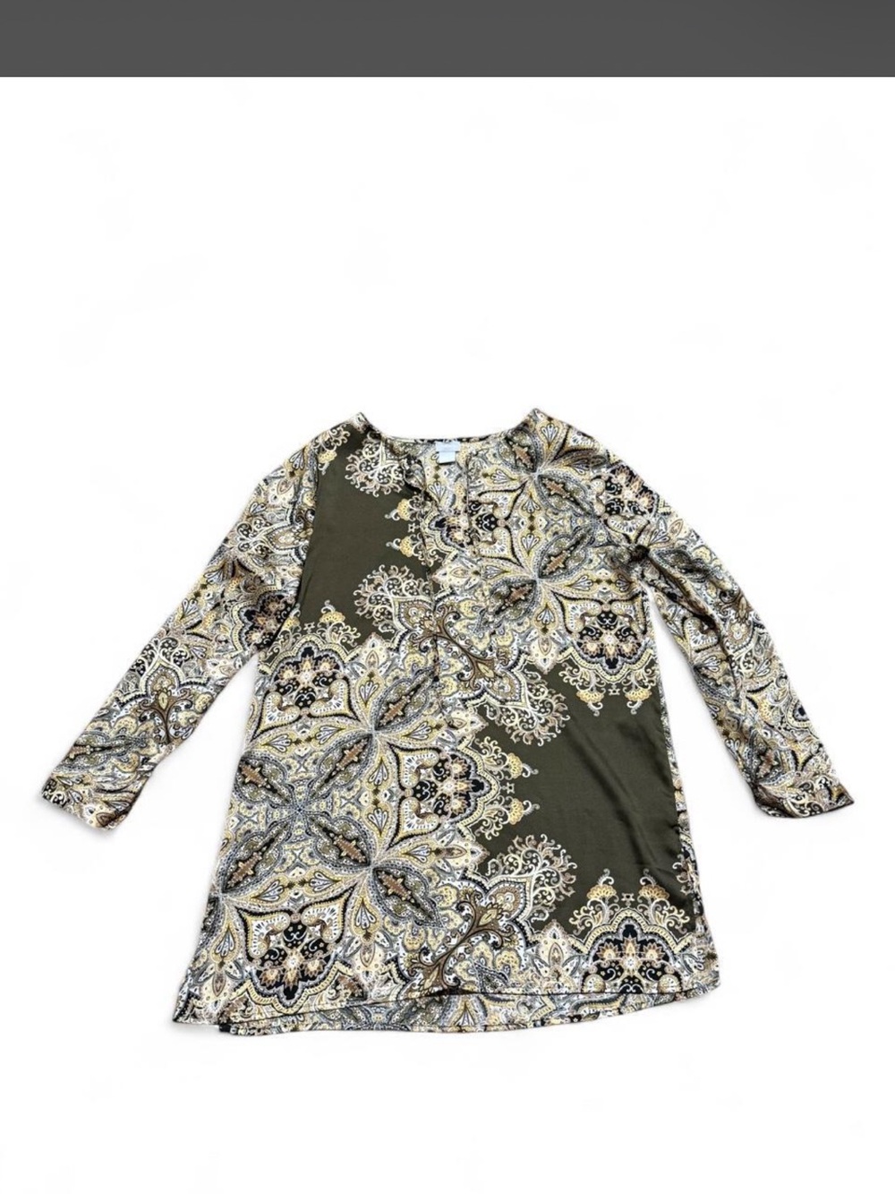 Chico’s Size 1 Paisley Print Long Sleeve Tunic - Olive, Cream, Black